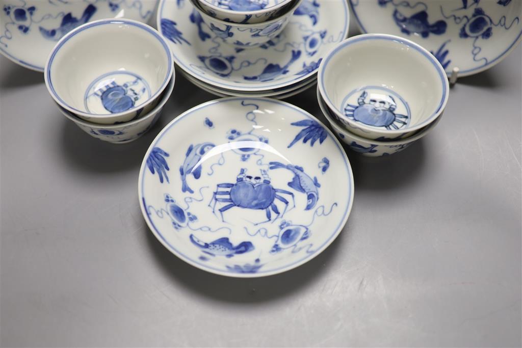 Six Chinese blue and white Sea creatures teabowls and saucers